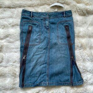 French Connection FCUK Y2K Denim Midi Skirt with Unique Zipper Details